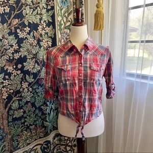 Red and Blue Plaid Tartan Button Up Tie Front Country Blouse